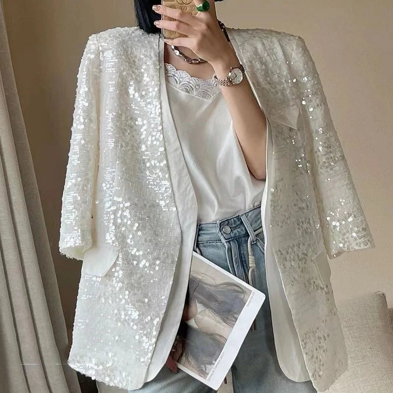 European Brand V-neck Temperament Socialite Sequin Jacket For Women, Mid To Long Style, Stylish Thin Style, Sparkling Top XQ145