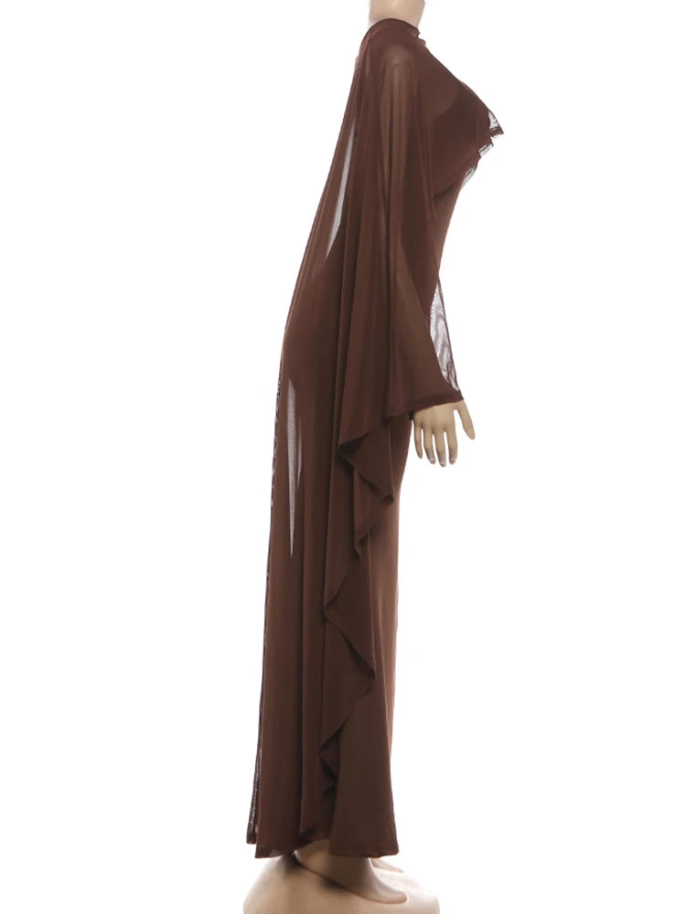 Kliou Sexy Fashion 2 Piece Set Woman Mesh Extended Shawl+Low-Neck Sleeveless Skinny High Waist Sling Vestidos Elegant Dress Suit