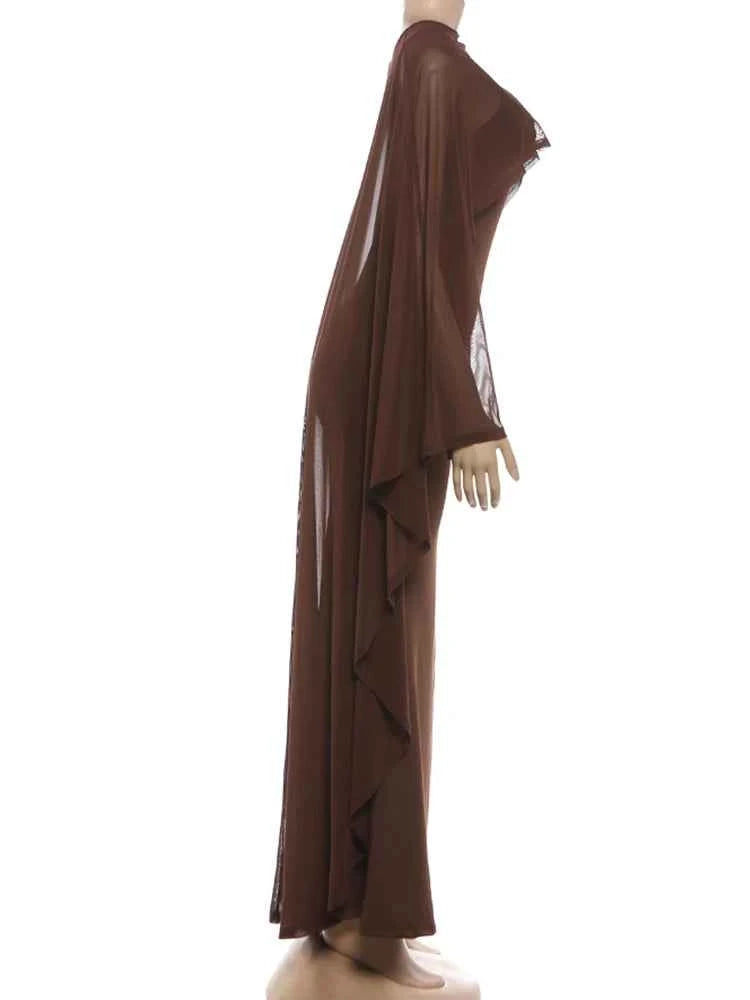 Kliou Sexy Fashion 2 Piece Set Woman Mesh Extended Shawl+Low-Neck Sleeveless Skinny High Waist Sling Vestidos Elegant Dress Suit