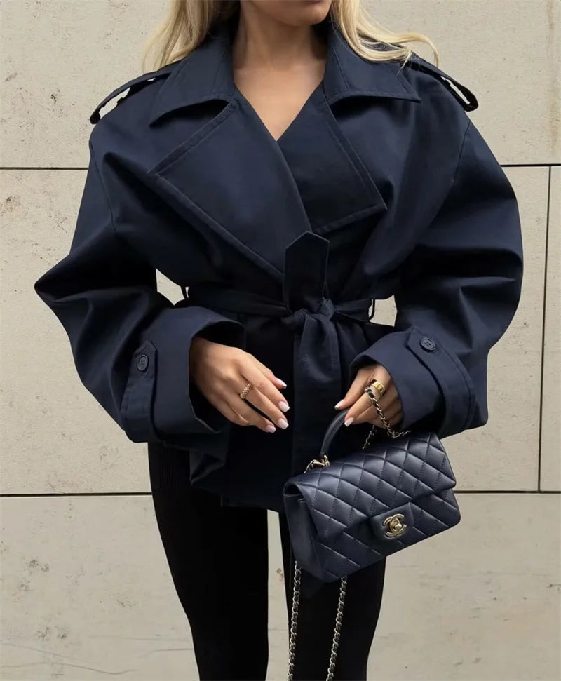 Women's Coat 2026 Spring New Style Solid Color Long Sleeve Belted Short Trench Coat European and American Personalized Fashion