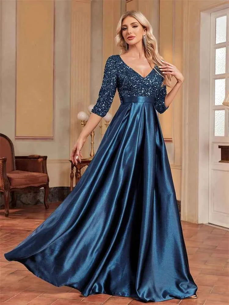 Elegant Short sleeve Sequins Evening Dress 2025 Women Satin Prom Party Green Dress Floor Length Formal Cocktail Gown
