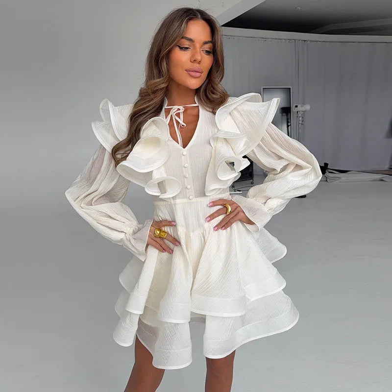 Solid Ruffle Mini Dress U Neck Long Puff Sleeve Tie Neck Tiered Hem Sweet Style Gown Soft Pastel Tones Fashion Chic Women Outfit