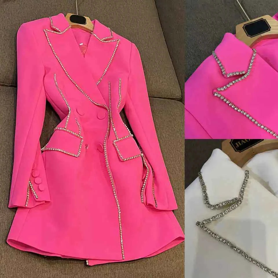 Beading Women Dress Fashion Slim Fit Double Breasted Blazer Long Jackt Customized Women Crystal Party 1 Piece Set