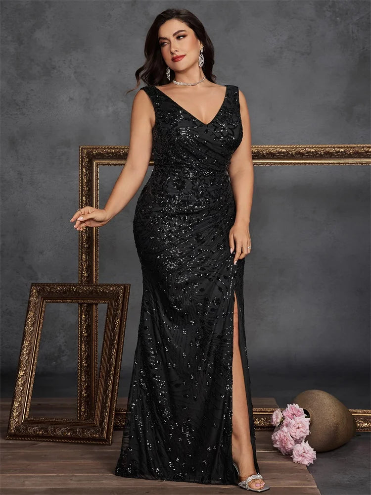 BLUEPLUM Plus Size Elegant Slit Evening Dress 2025 Long Mermaid Formal Sequins Sexy V-neck Caicktail Wedding Party Prom Gowns