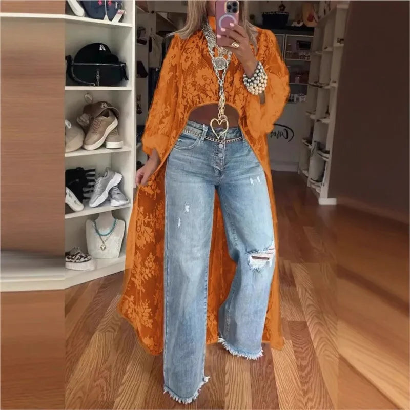 Blusa feminina nova moda 2025 com renda floral e gola alta, manga bufante, frente vazada, curta e longa