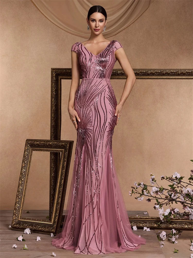 Luxury Cap sleeve V-neck Sequin Formal Evening Dress Women 2025 Elegant Mermaid Party Maxi Prom Arabia Cocktail Graduation Gowns