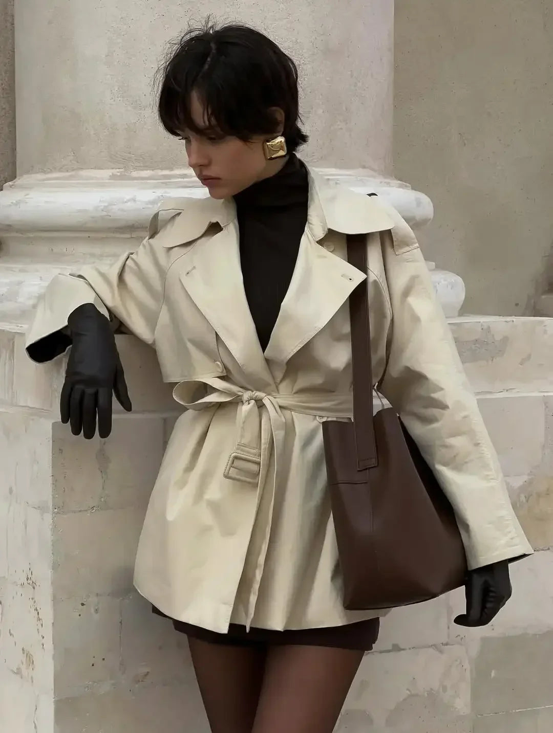 Women Lapel V-neck Belt Trench Coat Fashion Lace Up Full Sleeve Button Short Thin Windbreak 2025 New Lady Daily Street Outerwear