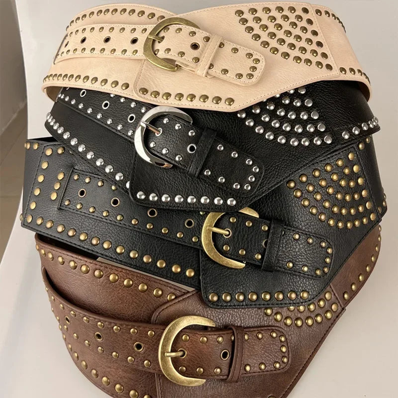Cintos largos punk com rebites vintage, estilo americano Y2K, metal PU, Spice Girls, cintura, ocidental, resistente, design irregular, decoração de saia