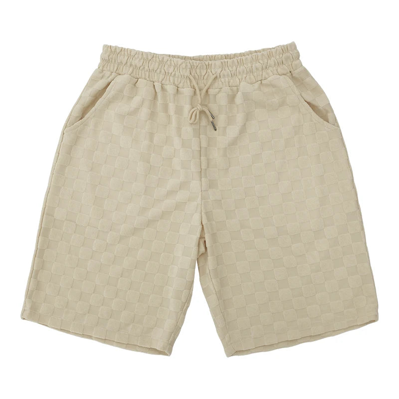 Conjunto de shorts casuais de perna reta e tamanho grande, camiseta xadrez jacquard de manga curta para homens, verão 2025