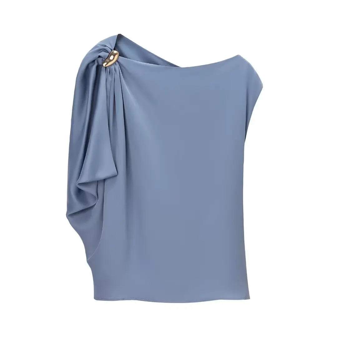 CharmChant Women's One Shoulder Satin Top with Buckle Cropped Y2k Harajuku Fashion Elegant chic Sleeveless Shirt Blouse Female