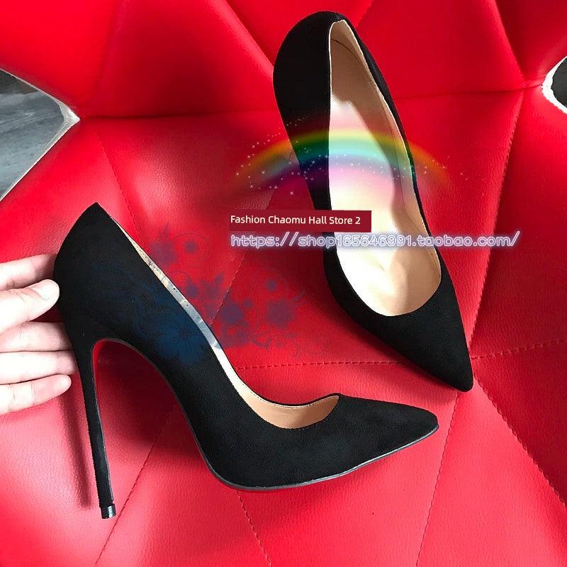 Real Shot Black Suede Matte Leather Pointed Toe Flats European and American Style Women Simple 12cm Ultra-Fine Heel Sexy High Heels