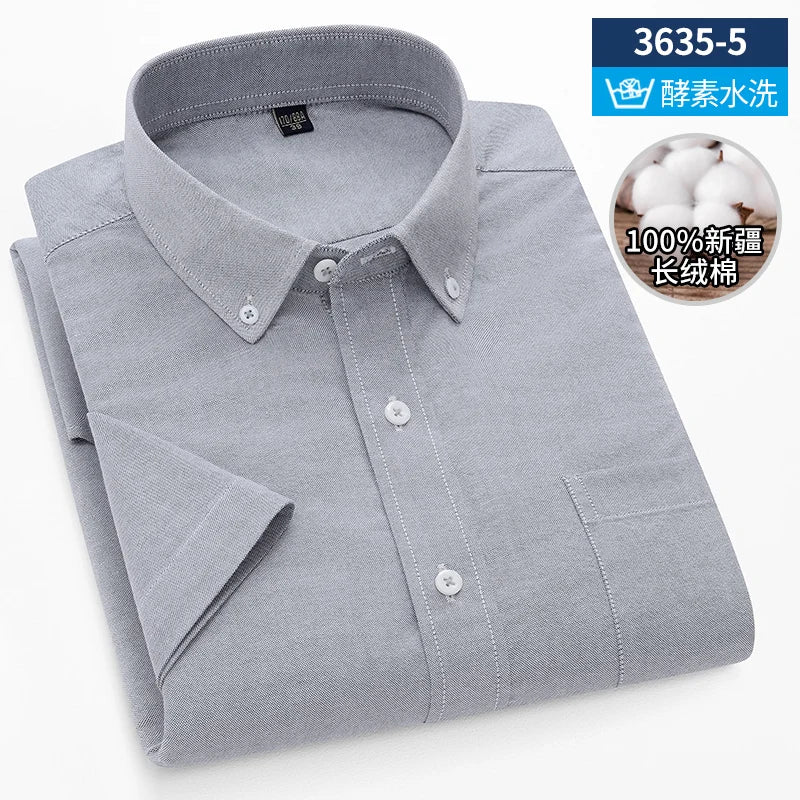 Summer High Quality 100% Cotton  Men Shirts Short Sleeve Dress Shirts Male Slim Social Business Blouse Solid Color Oxford Shirt