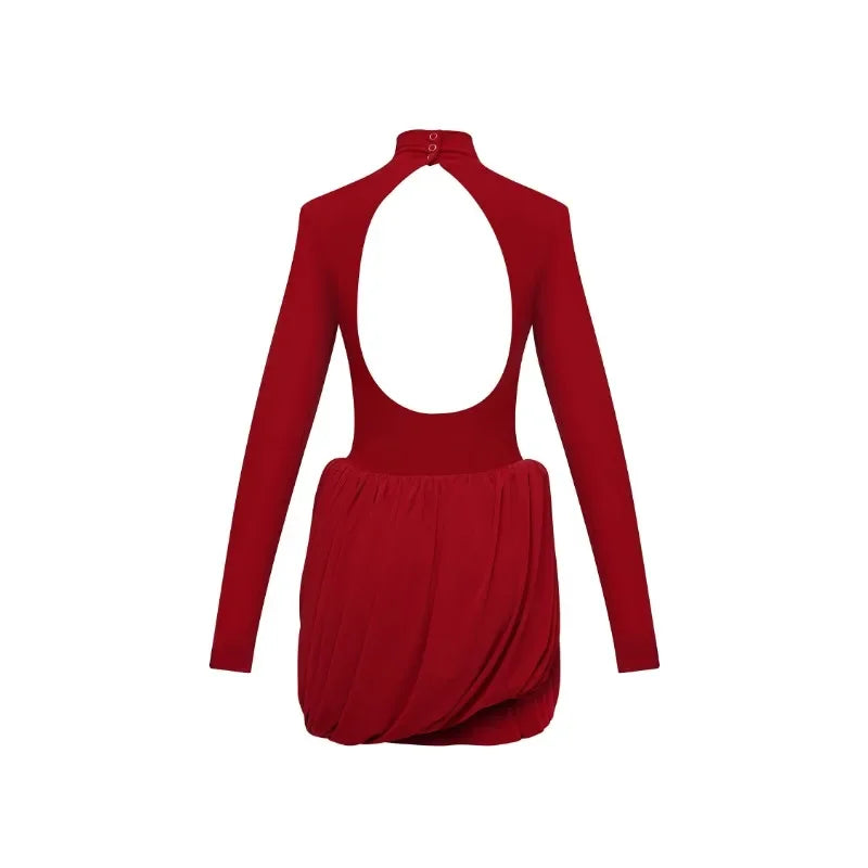 Tuularose Red Hollow Dress Women High Waist Sexy Backless Long Sleeve Gathered Dress Summer Patchwork Retro Party Evening Dress