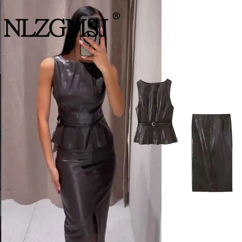 NLZGMSJ Vintage Faux Leather Casual Women Solid Suit O-Neck Zipper Belt Vest Zipper Long Straight Skirt Fashion 2026 Spring Sets