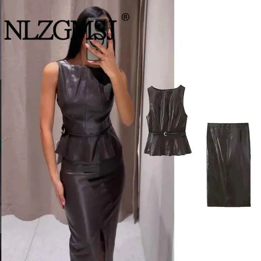NLZGMSJ Vintage Faux Leather Casual Women Solid Suit O-Neck Zipper Belt Vest Zipper Long Straight Skirt Fashion 2026 Spring Sets