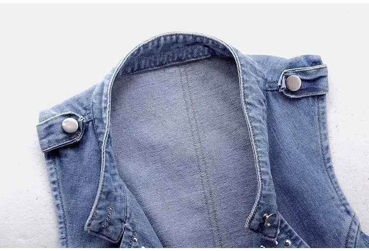 HLJ&GG Blue Fashion Denim Rivet Double-breasted Sleeveless Coats Women Lapel Slim Cowboy Vest Autumn New Tops Streetwear 2025