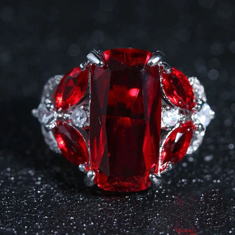 Fashion Female Real 925 Sterling Silver Jewelry Ring Have Stamp AAA Big Red CZ Stone Wedding Rings for Women Party