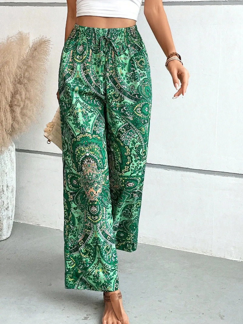 Calças de cintura alta com estampa da moda, pernas largas, primavera-verão, roupas femininas, calças casuais soltas, faixas elásticas, estilo boho, calças de praia