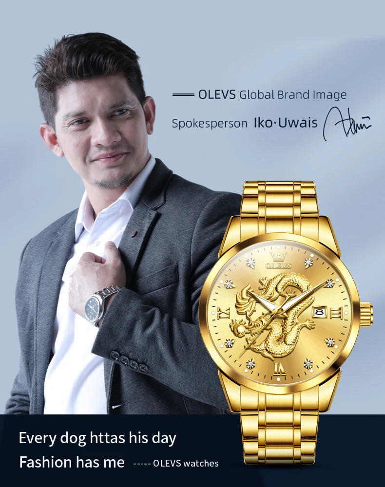 OLEVS Men's Watches Top Brand Fashion Original Quartz Watch for Man China Loong Dragon Dial Waterproof Luminous Date Olevs 3619