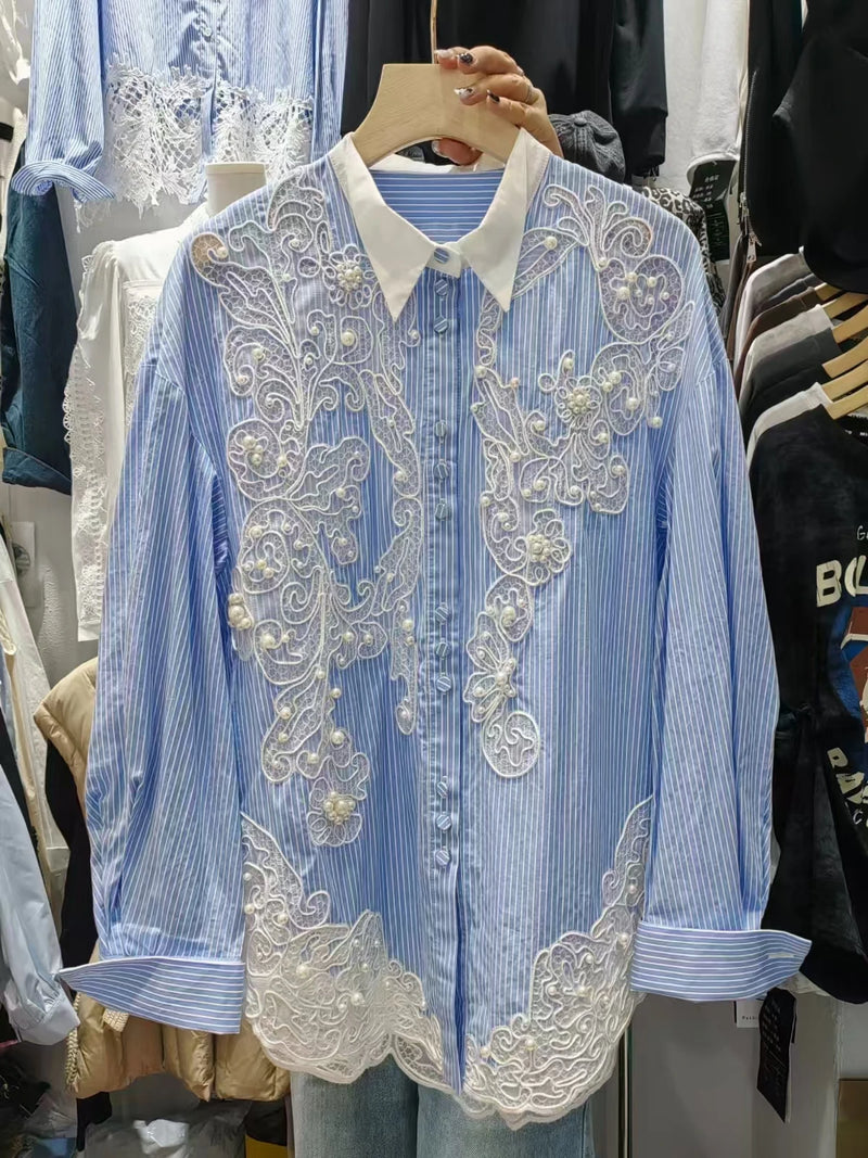 Blusas e camisas bordadas com renda e miçangas, blusas e camisas femininas soltas de comprimento médio e casuais