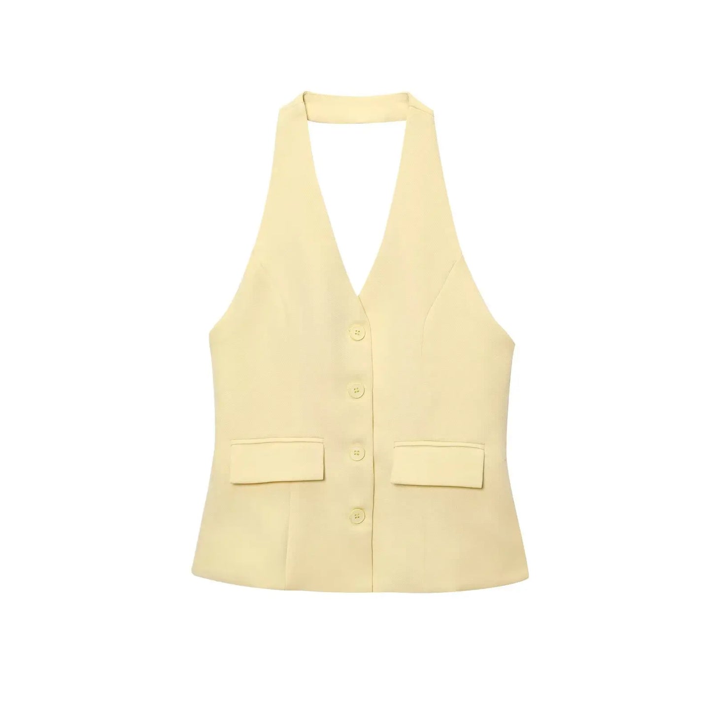 HH Pant Sets For Women Fashion Yellow Backless Button Halter Crop Vest Top Straight Trousers Elegant Office Lady Suit