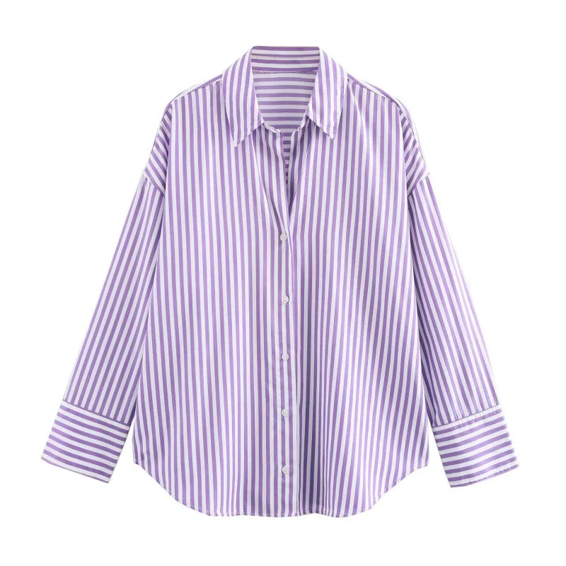 ETJ 2025 women's spring new Europe-American fashion striped long sleeve lapel loose version poplin shirt multi-color selection