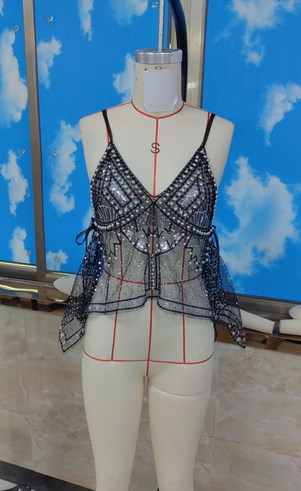 hirigin Women Y2K Sequin Mesh Tank Top Glitter Floral Embroidered Cami Crop Top Coquette Sleeveless Backless Rhinestone Camisole