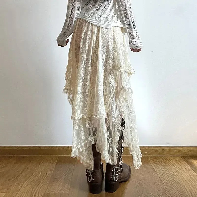 Saia assimétrica de renda Fairycore feminina vintage Y2K Boho estética moda cintura alta saias médias femininas roupas de férias
