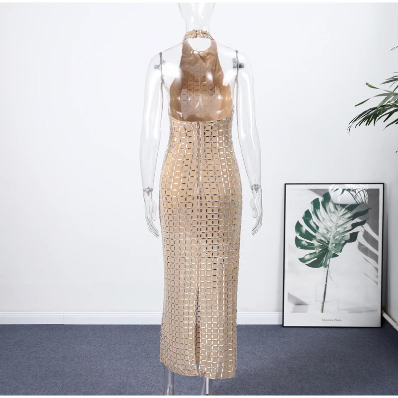 Luxury Diamonds Halter Long Dress Women Sexy Slim Sleeveless Backless Split Party Dresses 2026 Spring Summer Lady Evening Robes