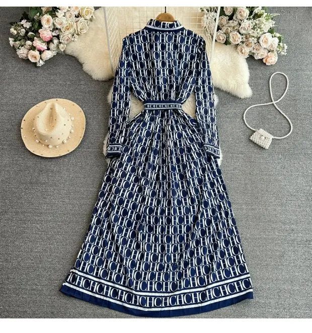 Elegant Retro Long Sleeve Print Shirt Dress Slimming A-Line High Waist Spring Autumn Korean Style Women's City Commute Dress