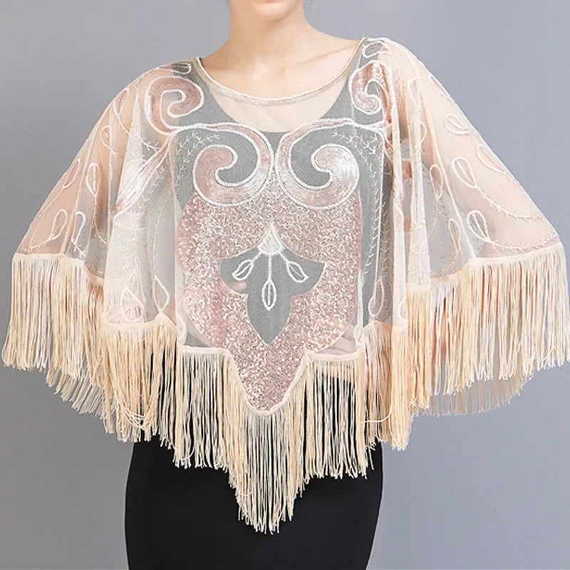 Summer Sequins Tassels Poncho Women Coat Party Outfits Cape Mesh Jacket Ladies Cloak Shawls Casaco Outerwear Wraps Woman Clothes