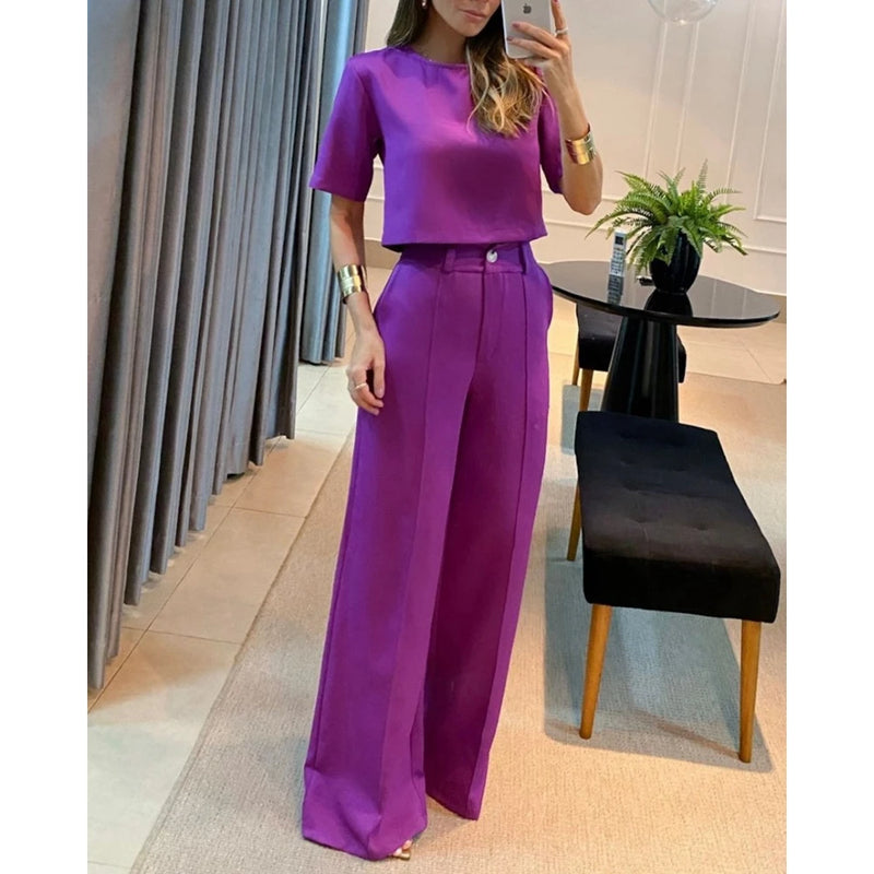 Casual Fashion Women Half Sleeve Crop T-shirt Wide Leg Pants Set Summer Femme Office Lady Two Pieces Suit Set Workwear Outfits - CRAVO ROSE