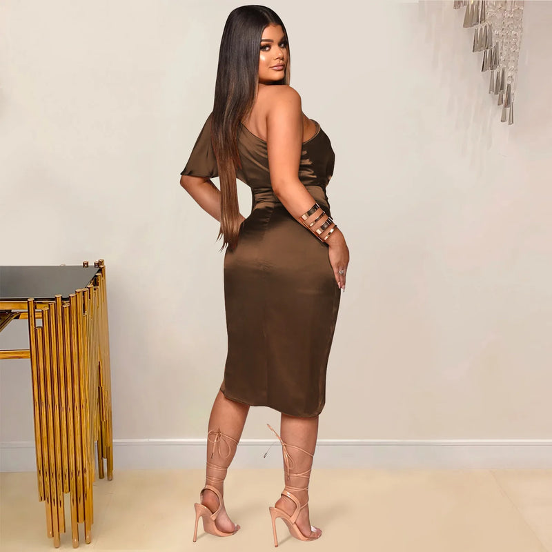 Clothing 2022 Summer Solid High Split One Shoulder Elegant Midi Dress For Woman Birthday Nightclub Party Club Dresses Vestidos