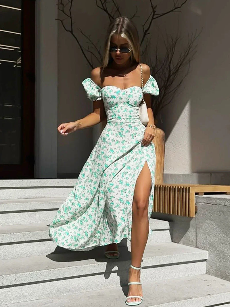 Vestido floral Wolfeel com ombros de fora, elegante, longo, slim fit, estampado, sexy