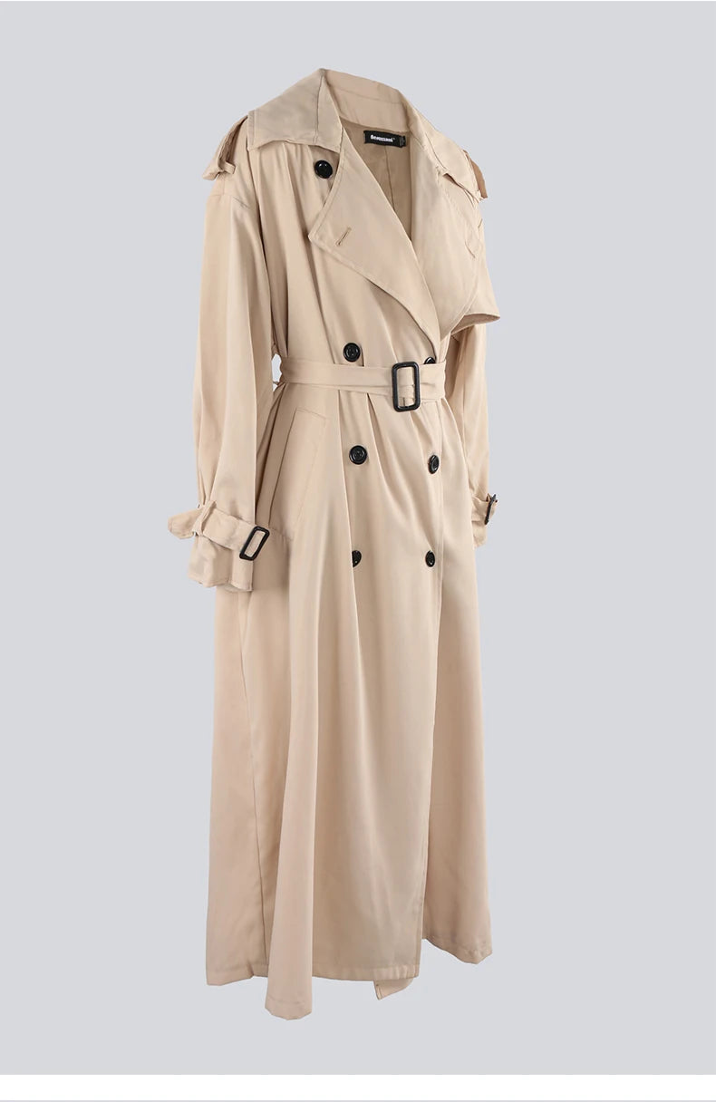 Nerazzurri Autumn Extra Long Oversized Khaki Flowy Soft Trench Coat for Women Back Slit Double Breasted Loose Casual Overcoat