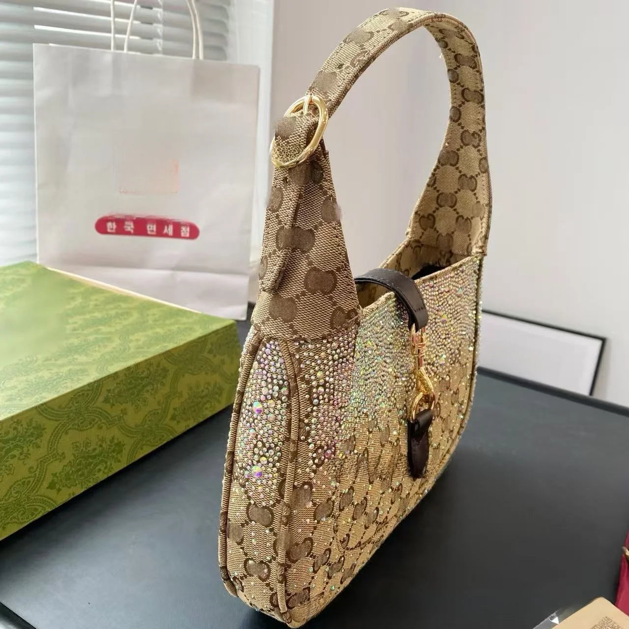 Bolsa original com diamante nas axilas Jacket1961 Bolsa de ombro único Bolsa de pão francês Bolsa Mini bolsa feminina de lona estilo retrô Han... - CRAVO ROSE