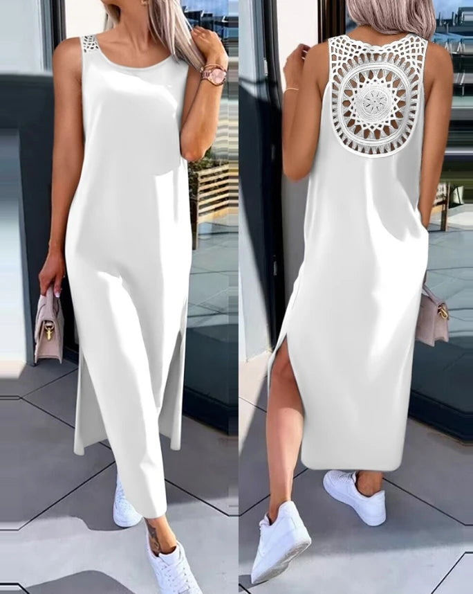 Womens Dresses 2024 Summer Fashion Slit Hollow-Out Casual Plain Round Neck Sleeveless Daily Straight Mid-Calf Dress