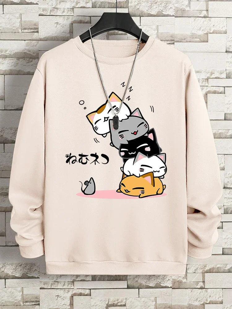 Moletom fofo com gatos empilhados,  masculino com capuz, hip hop, gola redonda, vintage, casual, solto, com capuz, outono, novas roupas soltas