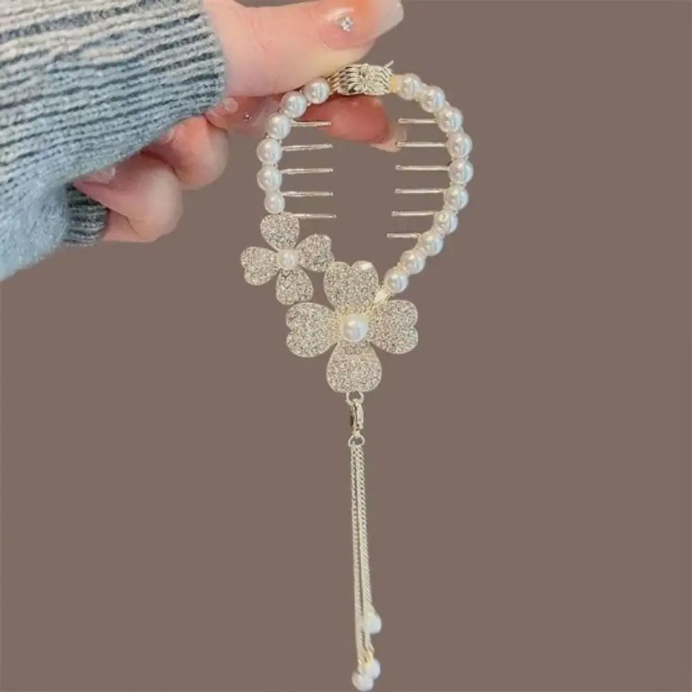 Chinese Style Flower Tassel Hair Bun Buckle High Ponytail Buckle Pearl Chain Pan Hair Claw Clip Fashion Lovely Alloy Headwear