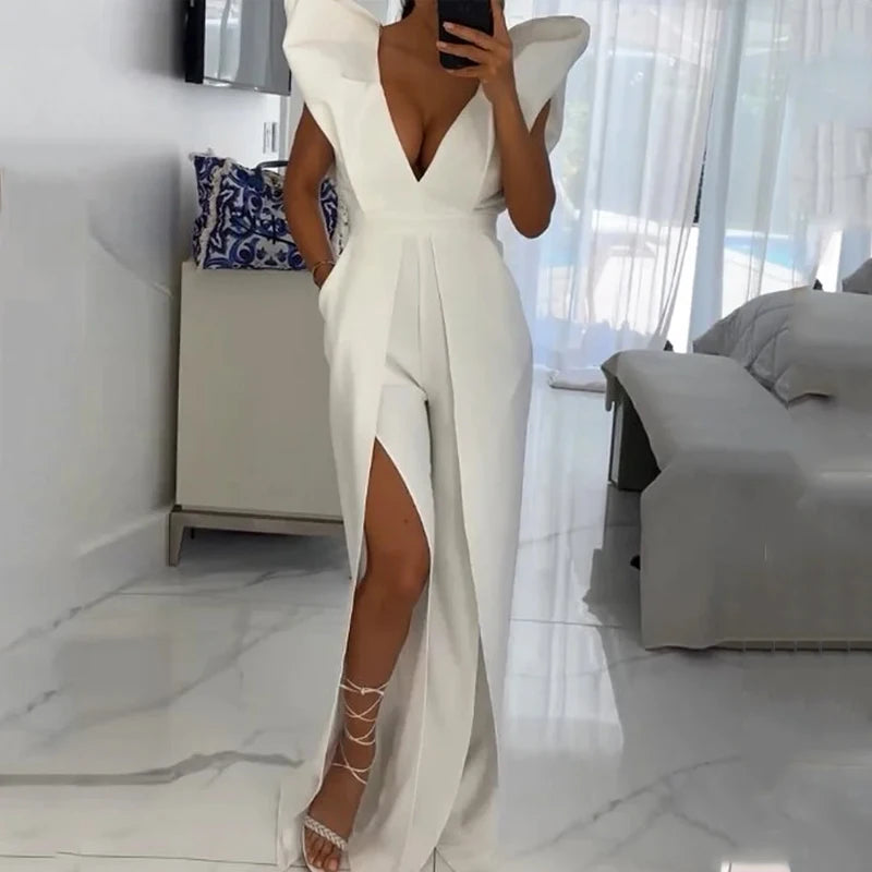 Wefads Jumpsuit Women Summer Elegant Sleeveless Flying Sleeve V Neck Backless Nipped Waist Slit Straight Rompers High Streetwear