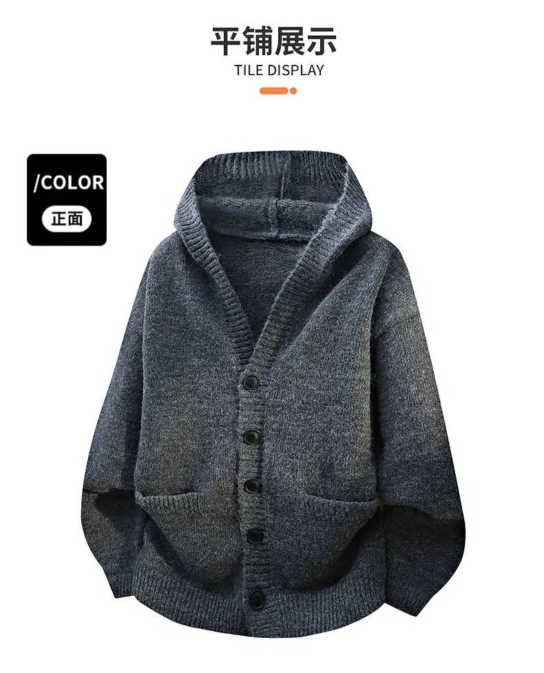Men's Hooded Knit Cardigan Button Front Loose Fit Autumn Casual Fashion Warm Comfortable Lazy Style Sweater Outerwear
