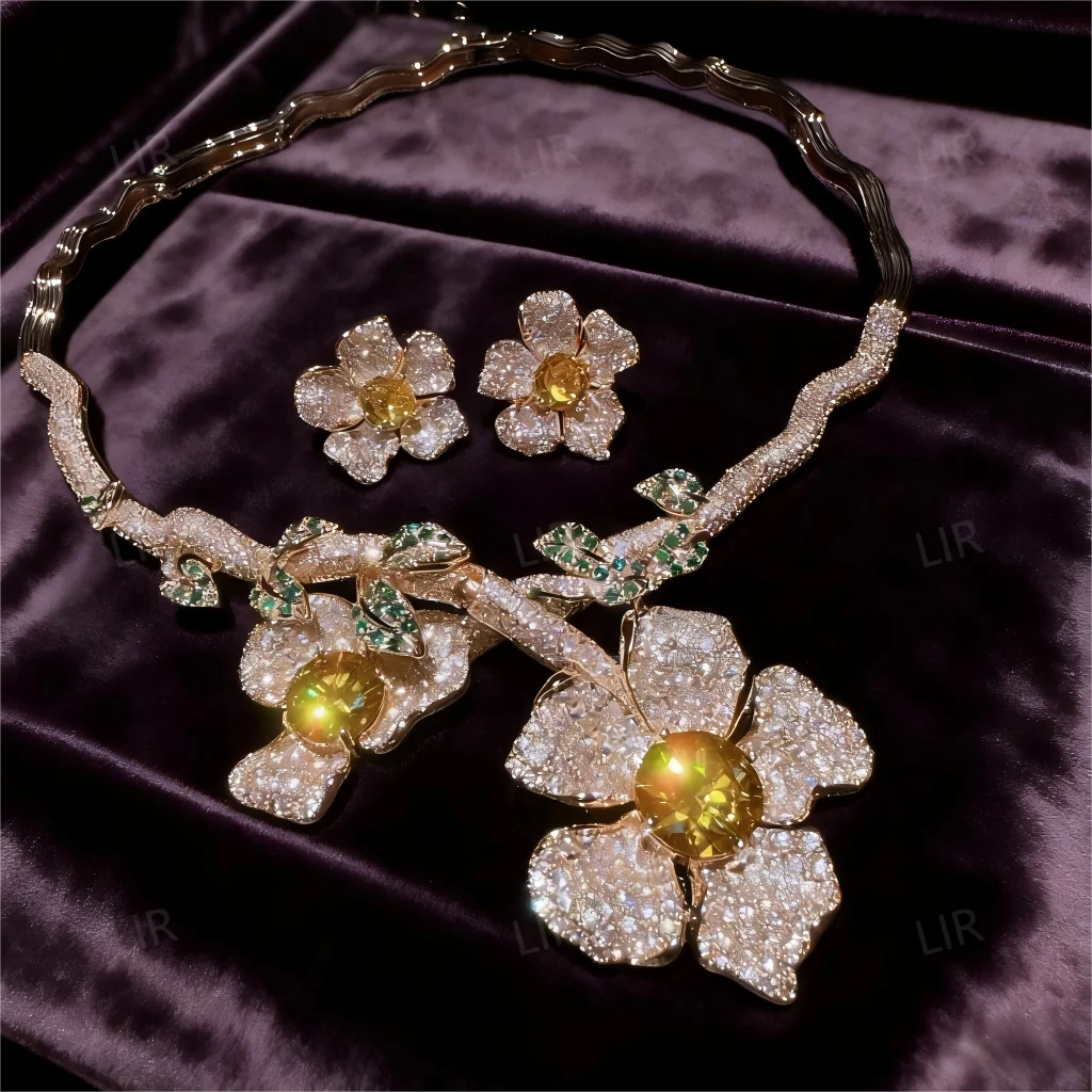LIR Austrian Retro Jewelry Set: Floral Gem Vine Necklace, Prosperous Flower Zircon Earrings, Custom for Women