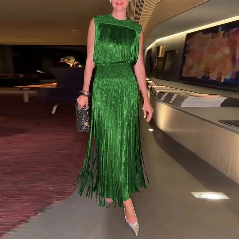Elegant Tassel Maxi Dress Women Slim Spring Summer O-neck Shine Ankle-length Dresses Lady Sleeveless Solid Robe Female Party