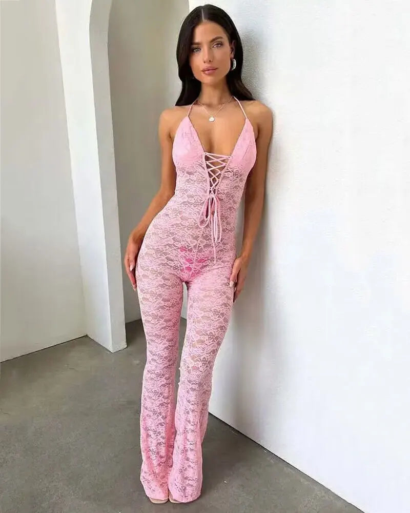 GACVGA Sexy Lace See Through Women Jumpsuit Backless Slim Streetwear Bandage Romper Lady Elegant Summer Party Nightclub Jumpsuit