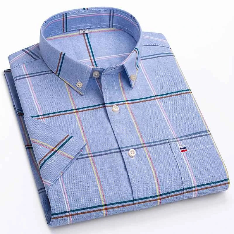 Men's Pure Cotton Oxford Short Sleeve Summer Casual Shirts Comfortable Standard-fit Button-down Plaid Solid Color Cotton Shirt