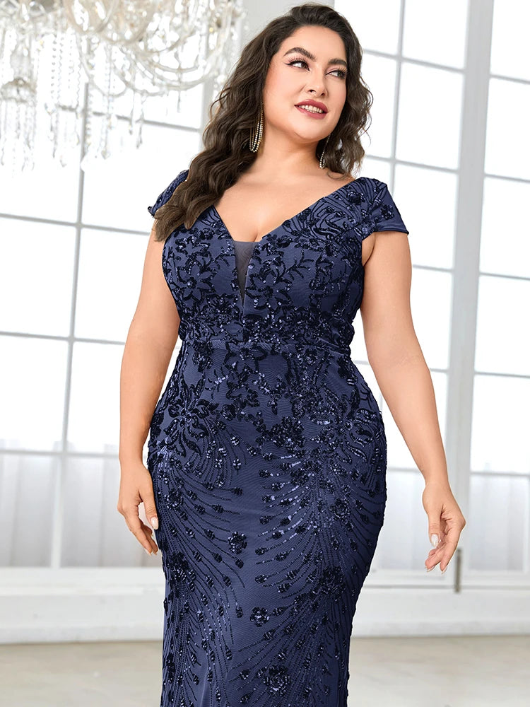 Lucyinlove Plus Size Elegant Blue Evening Dress For Women 2024 Luxury Long Mermaid Formal Sequins V-neck Prom Wedding Party Gown - CRAVO ROSE