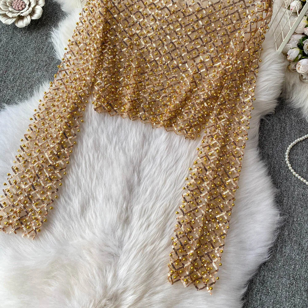 Slim Fit Short Sleeveless T-Shirt Women's New Style round Neck Long Sleeve Shiny Sequin Heavy Duty Bead Commute Style Korean ...