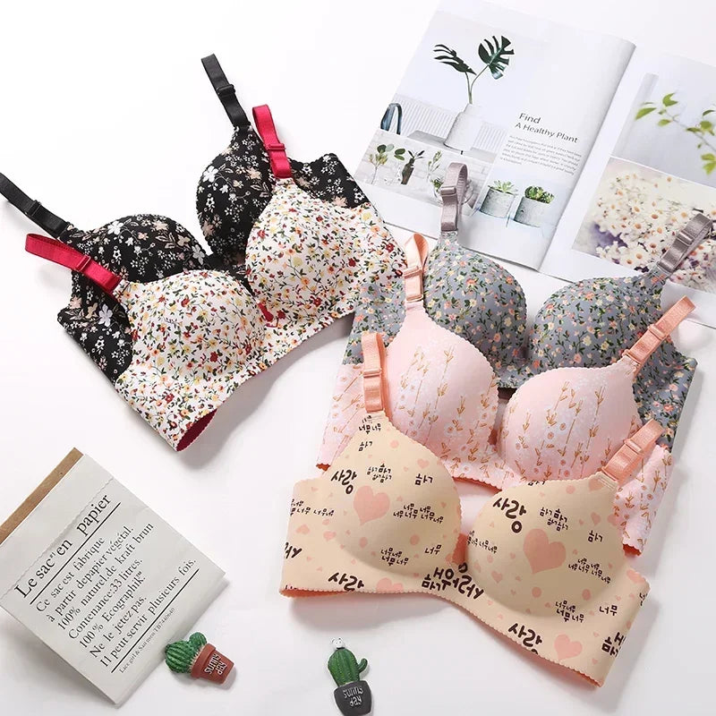 Sutiã sem costura com estampa de flores para mulheres, lingerie sexy, sutiã push up floral, roupa íntima de uma peça