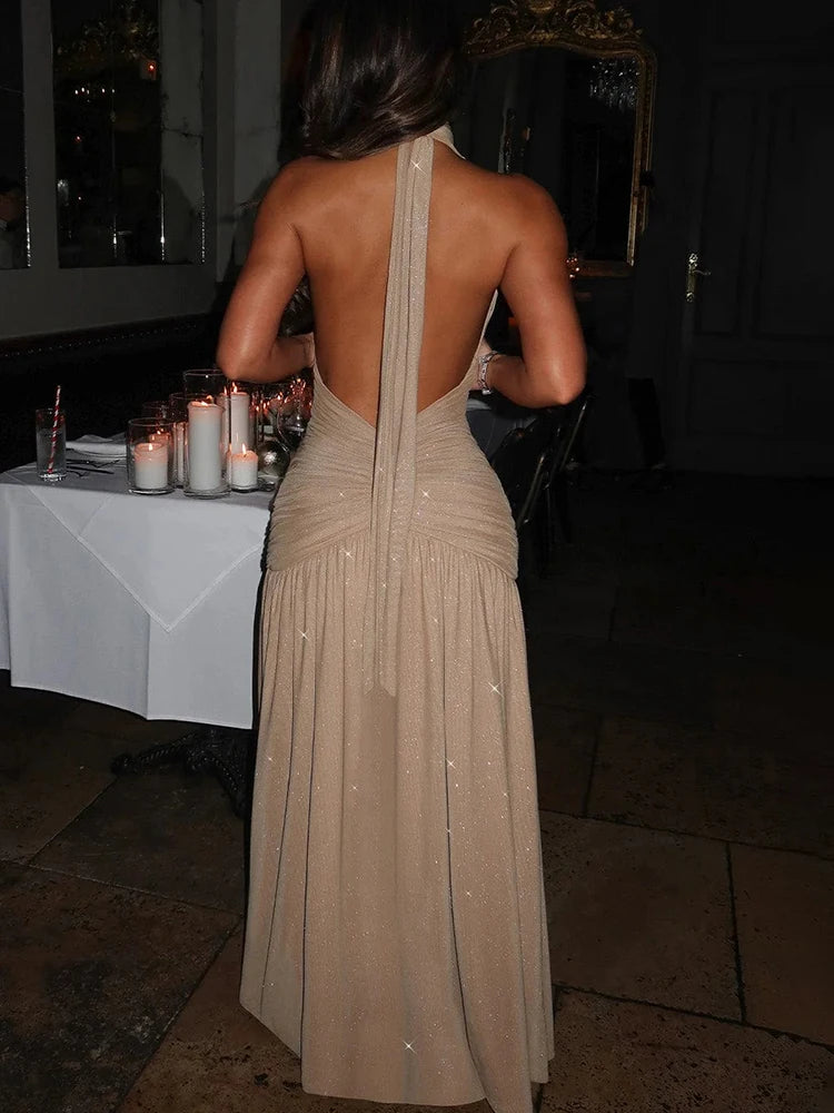 JULISSA MO Glitter Bright Silk Deep V-neck Women Maxi Dress Khaki High Slit Halter Dress Spring Slim Elegant Party Evening Dress