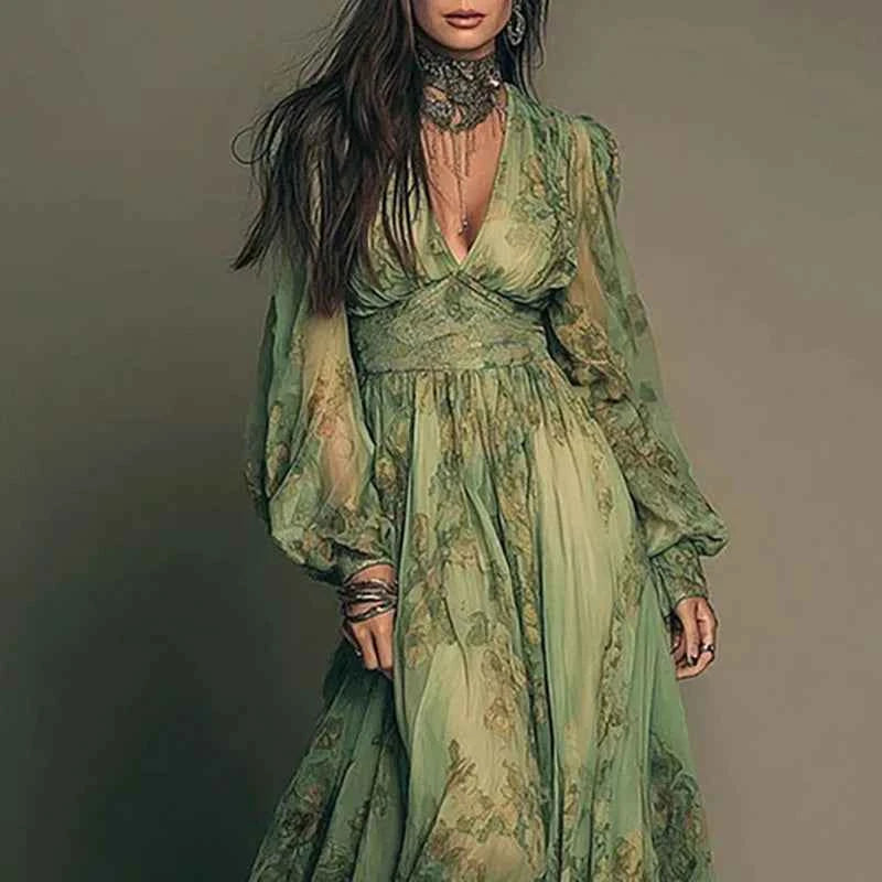 Elegant Green Floral Print Chiffon Maxi Dress Spring Sexy Deep V Neck High Waist Long Dress New Summer Bohemian Beach Maxi Dress
